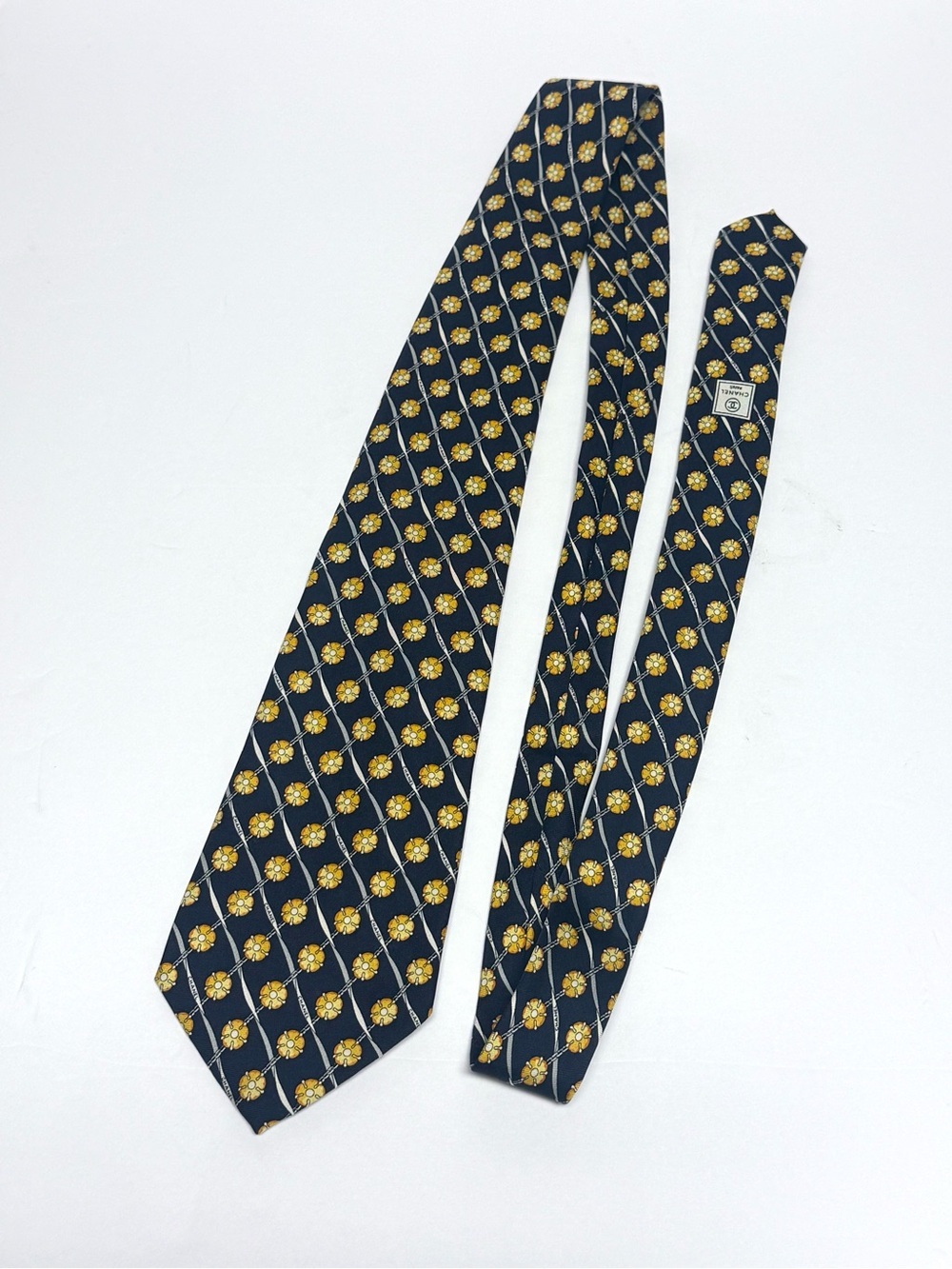 Vintage CHANEL Paris Silk Tie Navy Gold Floral Logo Ribbon Print Made In Italy